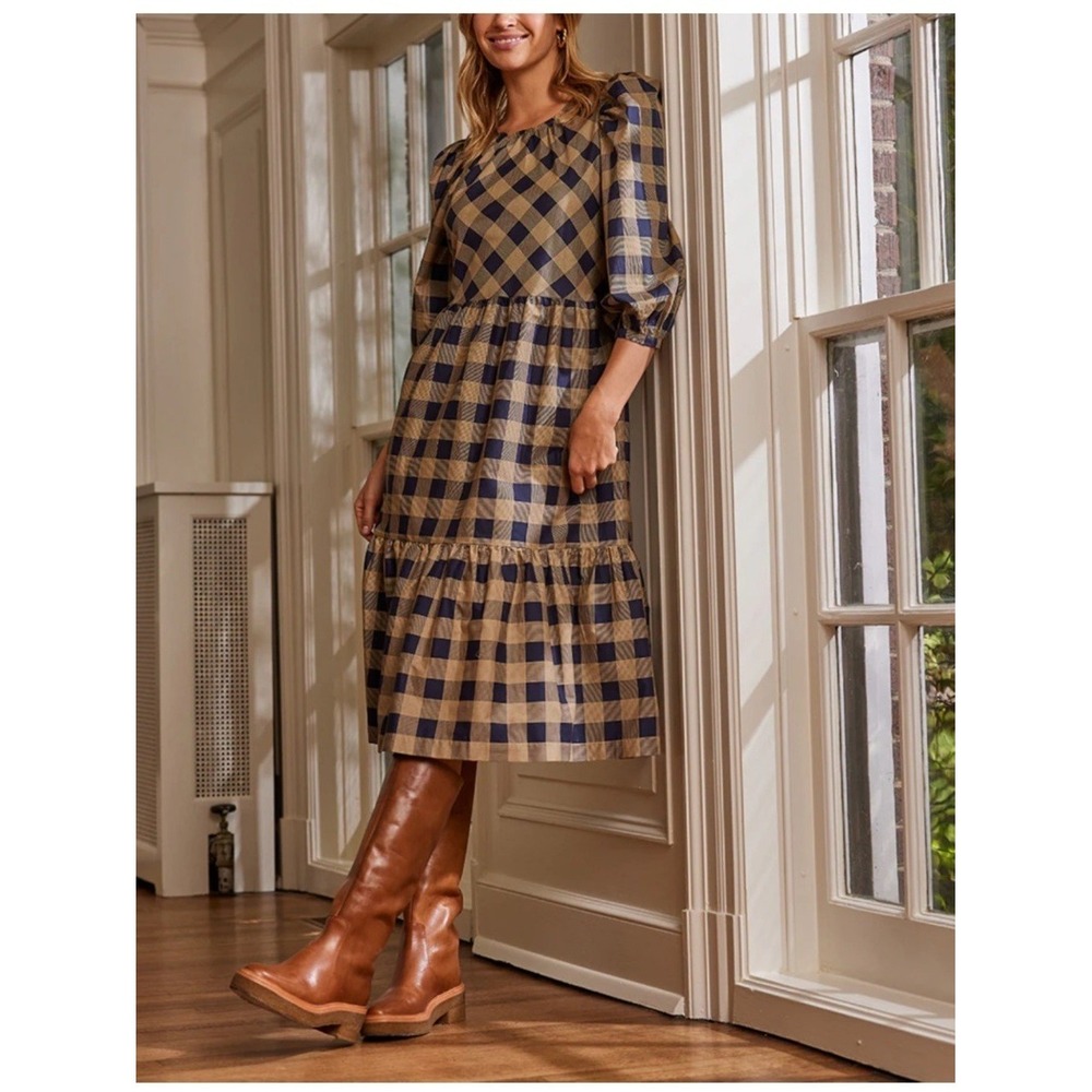 summersalt Navy and Tan Checked Puff-Sleeve Midi Dress